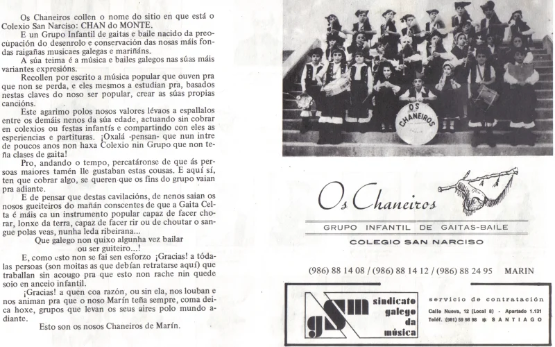 Foto do grupo e explicación do propósito de Os Chaneiros, coa música e o baile galego como motivo e ilusión.