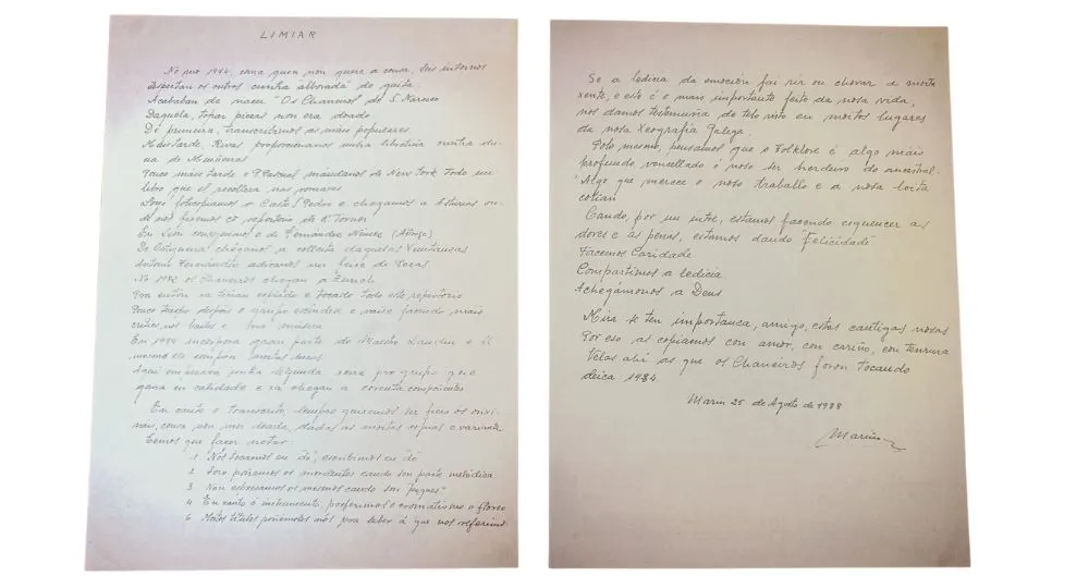 Limiar manuscrito do Padre Marino (Ano 1988) Limiar escrito a man polo padre Marino falando sobre Os Chaneiros
