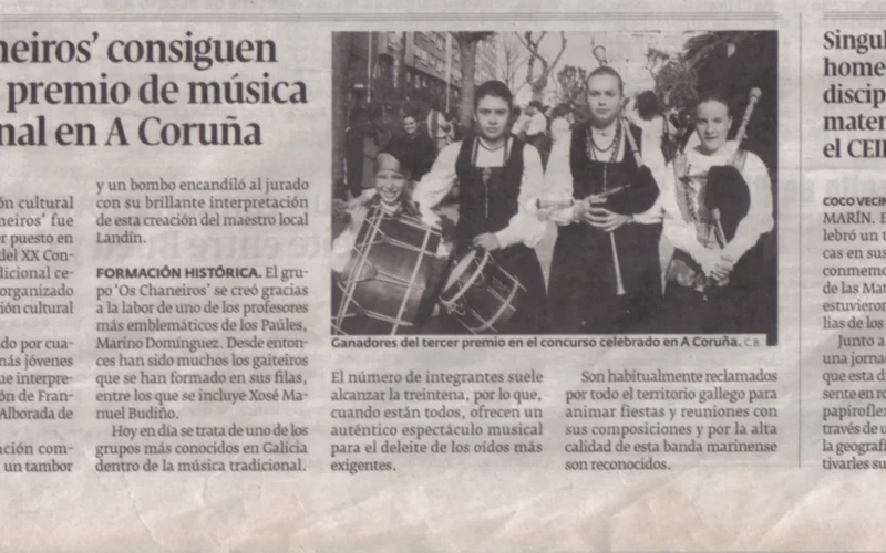 Nova en prensa na que se informa da participación e o premio dun cuarteto de Os Chaneiros no concurso Xacarandaina de A Coruña