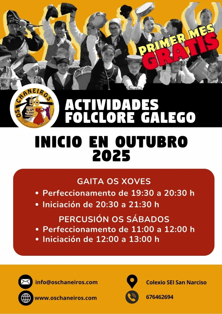 Cartel de actividades de folclore galego, clases de gaita e percusión tradicional curso 2025/2026